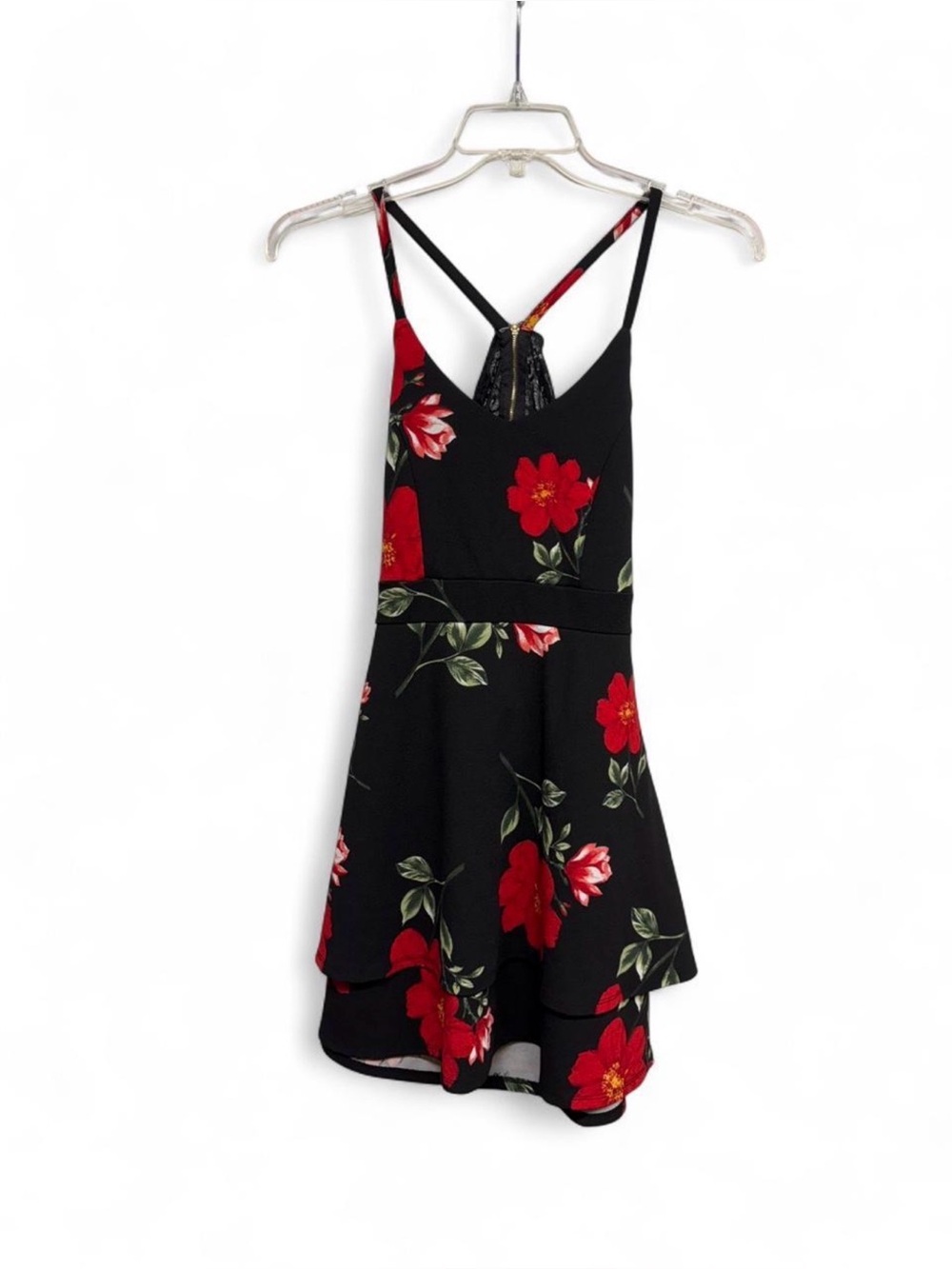 Almost Famous Floral Fit & Flare Dress Large L Black Red Cutout Back Tiered Mini